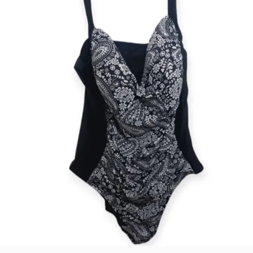 Plus Liz Claiborne Women's Size 24W Swimsuit Black Paisley Full Coverage NWT